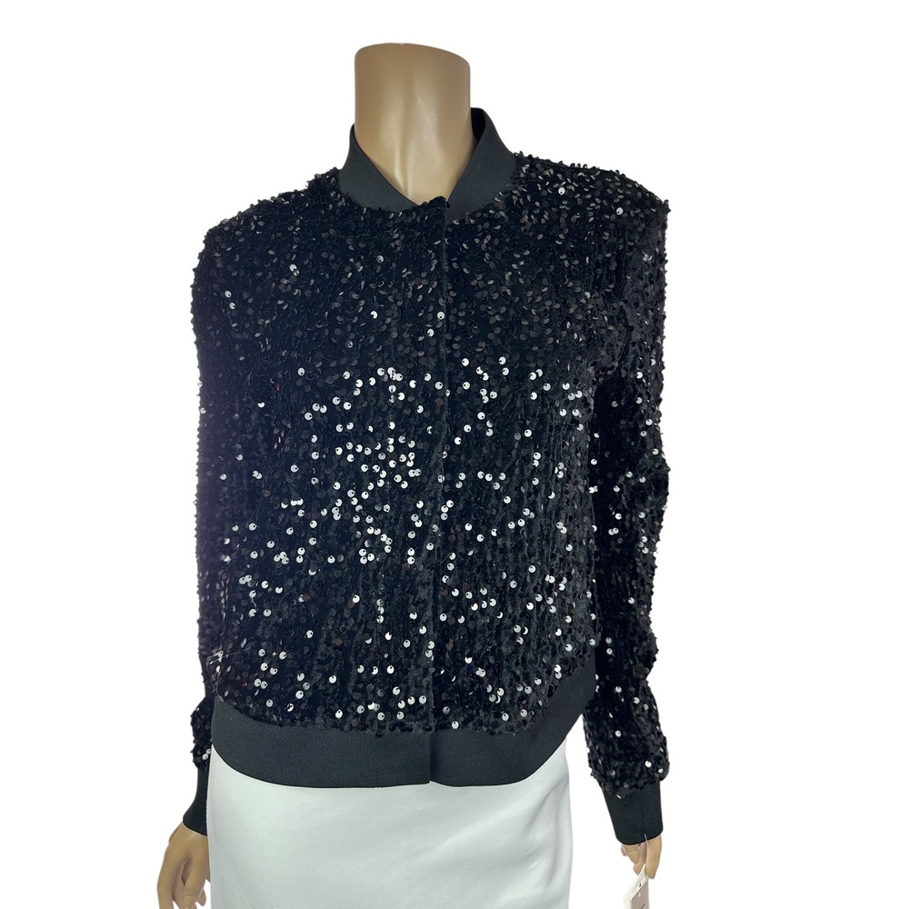 Nanette Lepore  Black Sequin Bomber Jacket Ribbed Trim Size S Long Sleeve NWT